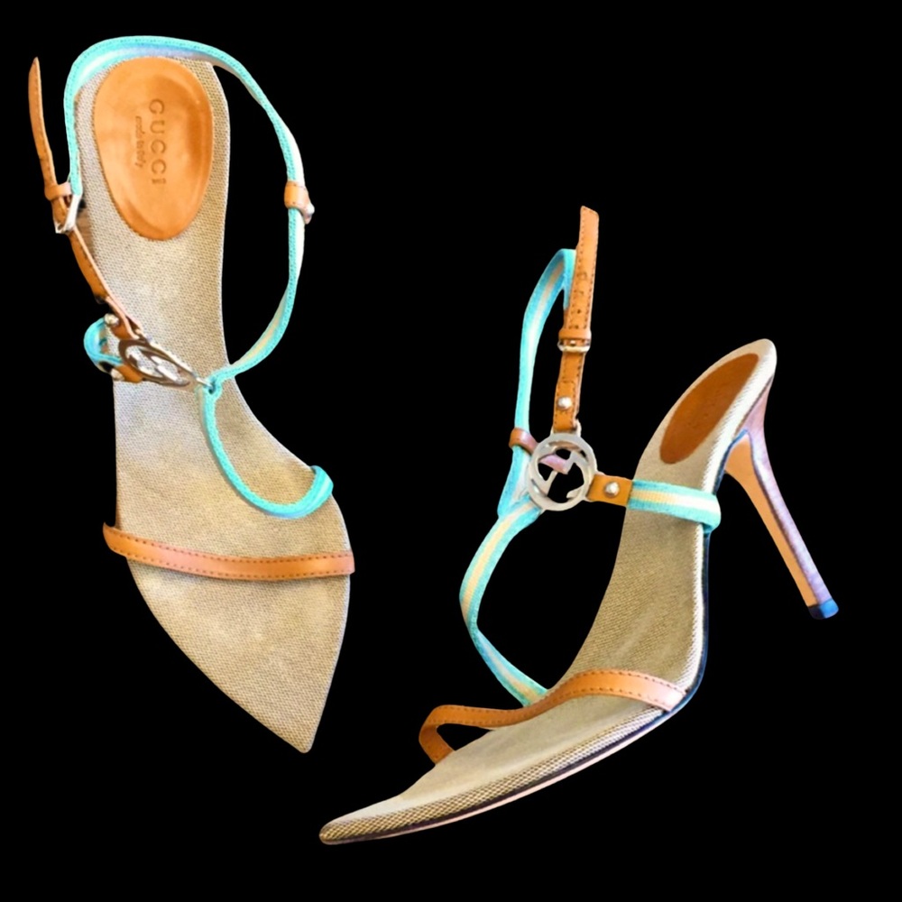 Tom Ford Vintage Gucci Brit Strappy Logo Sandal Pointed Toe Stilleto Heels